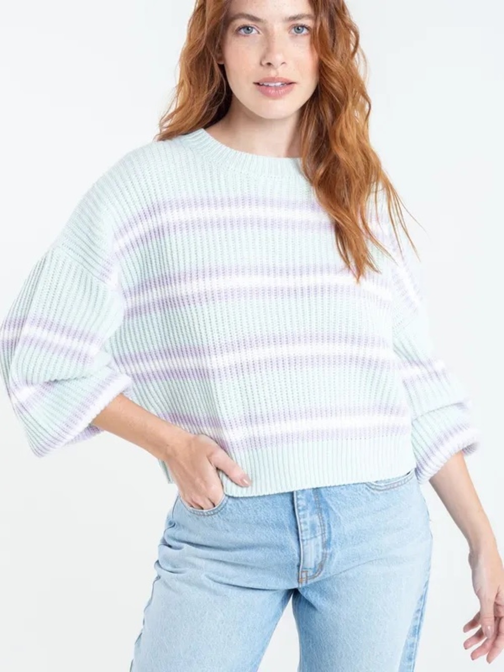 NAF NAF Mint & Lavender Striped Ribbed Crewneck Sweater